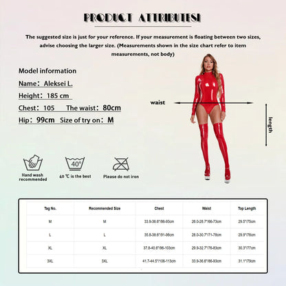 Womens Wet Look PU Leather Bodysuit Mock Neck Long Sleeve Catsuit Leotard One Piece Jumpsuit Glossy Clubwear for Cosplay Rave