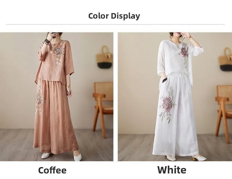 plus Size Women's Retro Cotton Linen Set Wide Leg Pants Slimming Mom Two Piece Suit Spring Fashion Korean Style Commute Wear