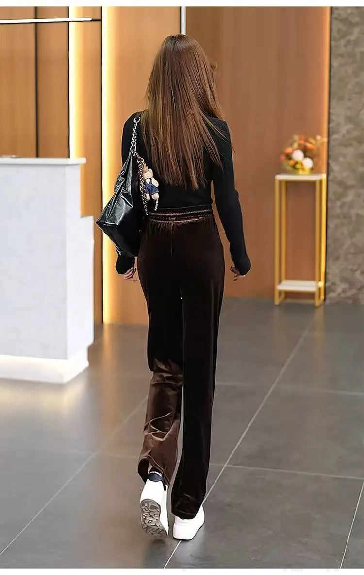 Fashionable Gold Velvet Wide Leg Pants Women's Winter Loose Slimming High Waist Fleece Casual Straight Long Trousers