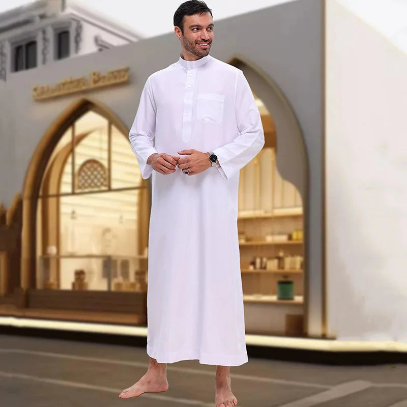 Islamic Men's Clothing White Long Sleeve Loose Muslim Long Robe Man Abaya Arab Kaftan Button Stand Collar Thobe Jubba
