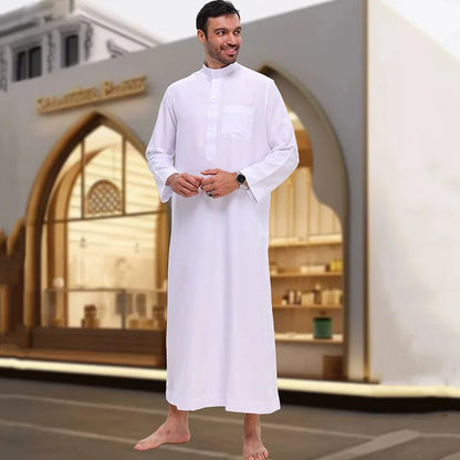 Islamic Men's Clothing White Long Sleeve Loose Muslim Long Robe Man Abaya Arab Kaftan Button Stand Collar Thobe Jubba