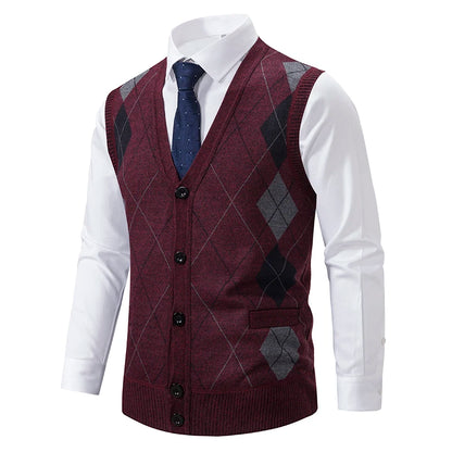 Spring Autumn Male Vest Sleeveless Sweater Fleece Warm  Knitted Jackets Checkered Business Casual Button Up Coat Men's Clothing