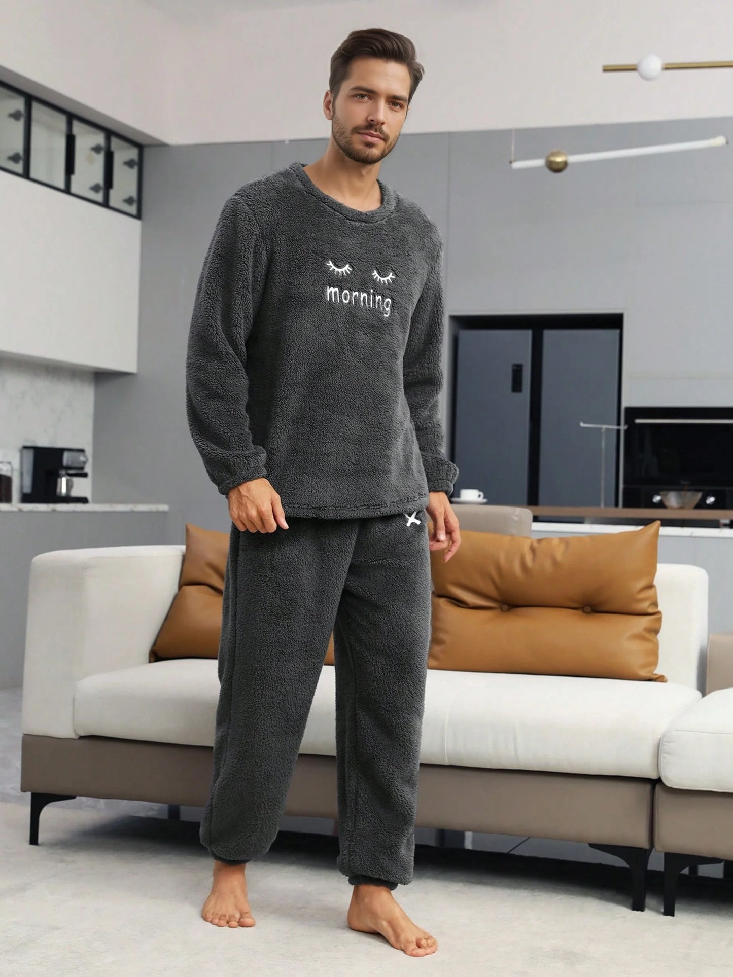 Men'S Flannel Pajamas Set Warm Loungewear Set Embroidery Eyelash Cozy Clothing Thickened Loungewear Soft Comfortable Home Wear