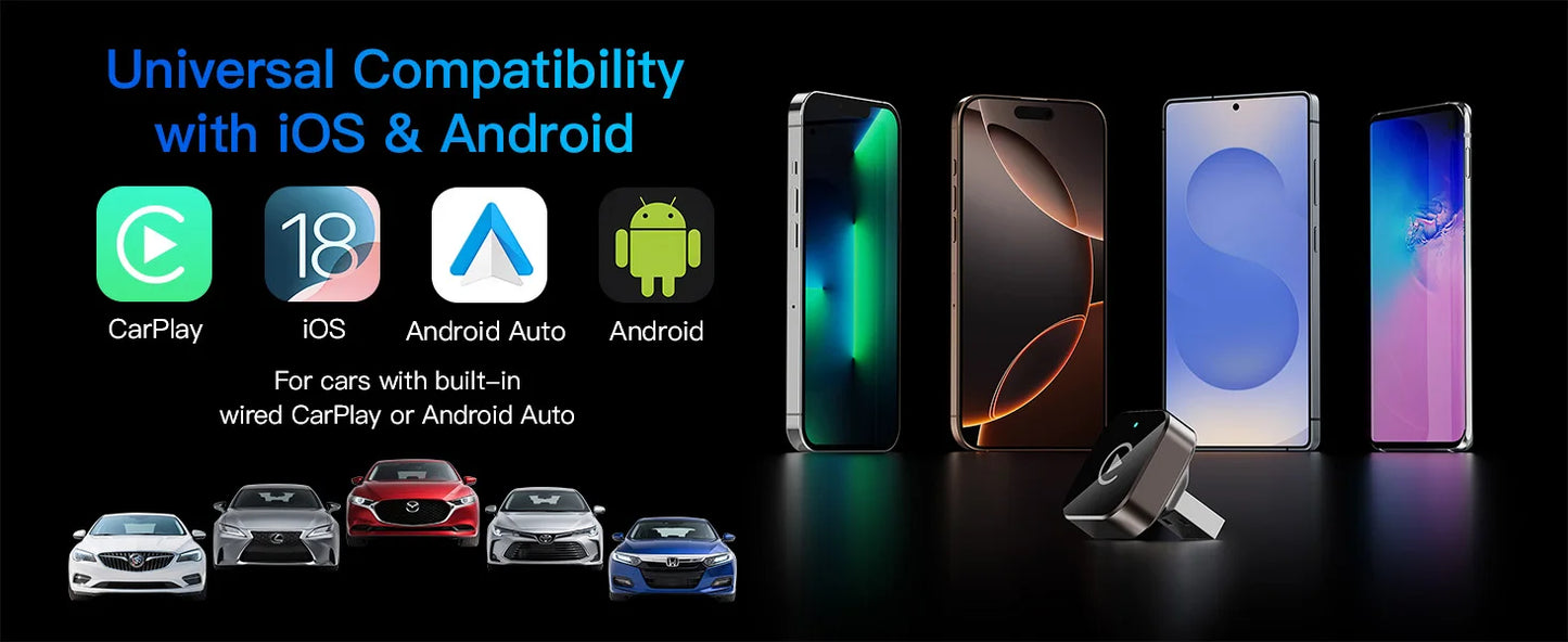 2-in-1 Wireless CarPlay & Android Auto Adapter , Universal Fit for Most Cars,  Wireless Connection, Plug & Play iOS/Android