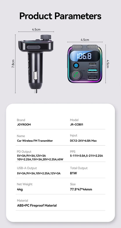 JOYROOM 81W Bluetooth 6.0 Car FM Transmitter Dual Mics PD&QC 3.0 Car Fast Charging Charger Adapter U Disk Hands-Free Calling
