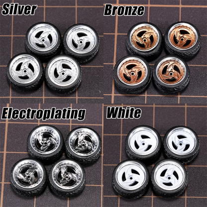 1/64 Model Car Wheels 4 Sets-11mm Diameter ABS Rubber Tires with Brake Disc-Upgrade Parts for Tomica Hot Wheels Diecast Vehicles