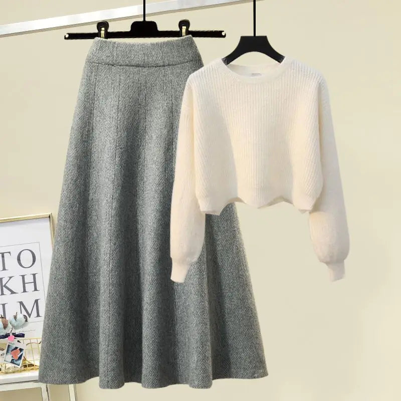 plus Size Women's Autumn Winter Knitted Sweater White Half-length Skirt Two-piece Set Slimming Concealing Anti-aging