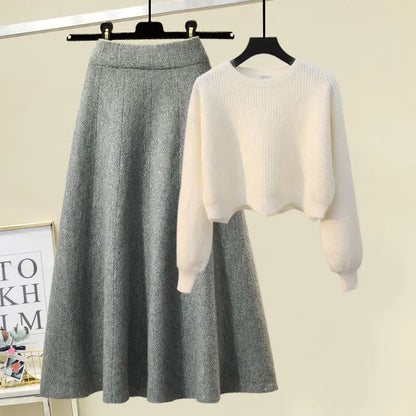 plus Size Women's Autumn Winter Knitted Sweater White Half-length Skirt Two-piece Set Slimming Concealing Anti-aging