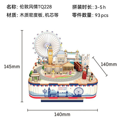 New Tonecheer New York London Paris Music Box Wooden Puzzle Blocks Diorama Model Kit 3D Wooden Doll Decoration Toy Birthday Gift