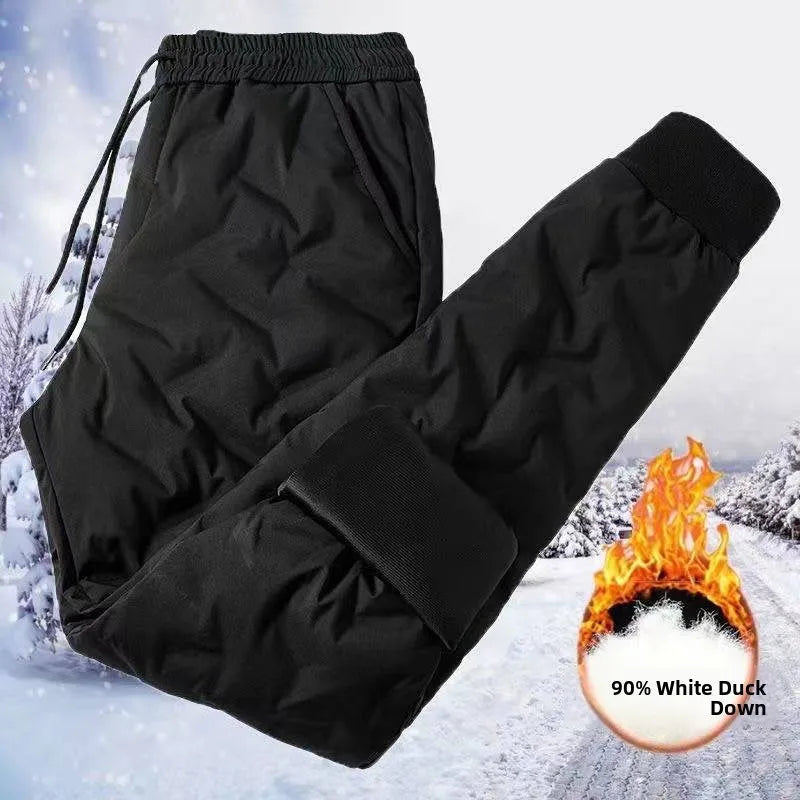 Men's Outdoor Windproof Warm down Trousers Thick Winter Business Casual Pants Long Outerwear Stylish plus Size White