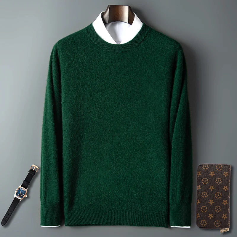 100% Pure Mink Cashmere Men's Round Neck Sweater For Autumn Winter, Casual Knitted Long Sleeved Pullover Sweater Men's Clothng