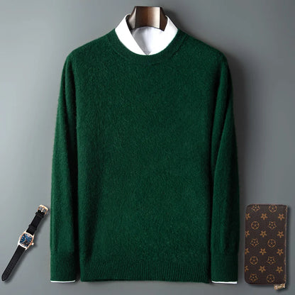 100% Pure Mink Cashmere Men's Round Neck Sweater For Autumn Winter, Casual Knitted Long Sleeved Pullover Sweater Men's Clothng