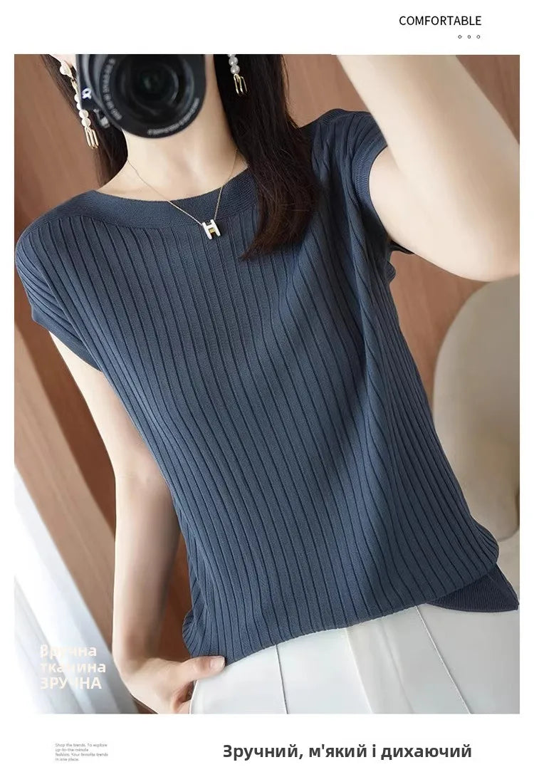Ice Silk Knitted Top Women Loose Spring Summer New Style Thin Short Sleeve One Shoulder T-Shirt Breathable Comfortable Casual...