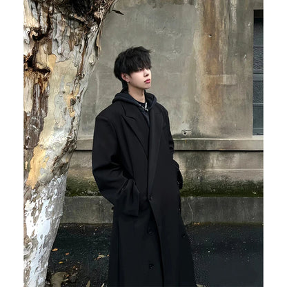 Thickened Shoulder Pad Knee-Length Woolen Coat Winter Men's Korean Style British Neapolitan Windbreaker Long Sleeve Double-Br...