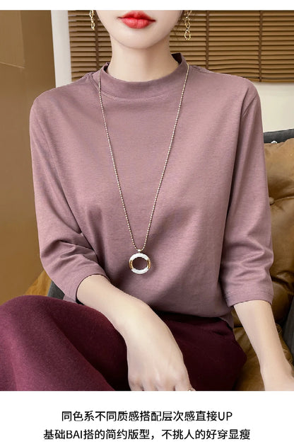 Summer And Autumn New 100% Cotton T-shirt Women's Semi-High-Necked Cropped Sleeves Loose Solid Color Bottoming Top