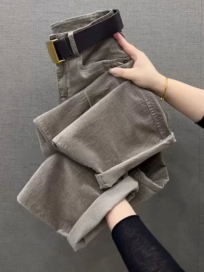 High Waist Cotton Corduroy Harlan Pants Slim Fit Casual Nine Point Knife  Straight Leg Crop Leisure Long Trousers