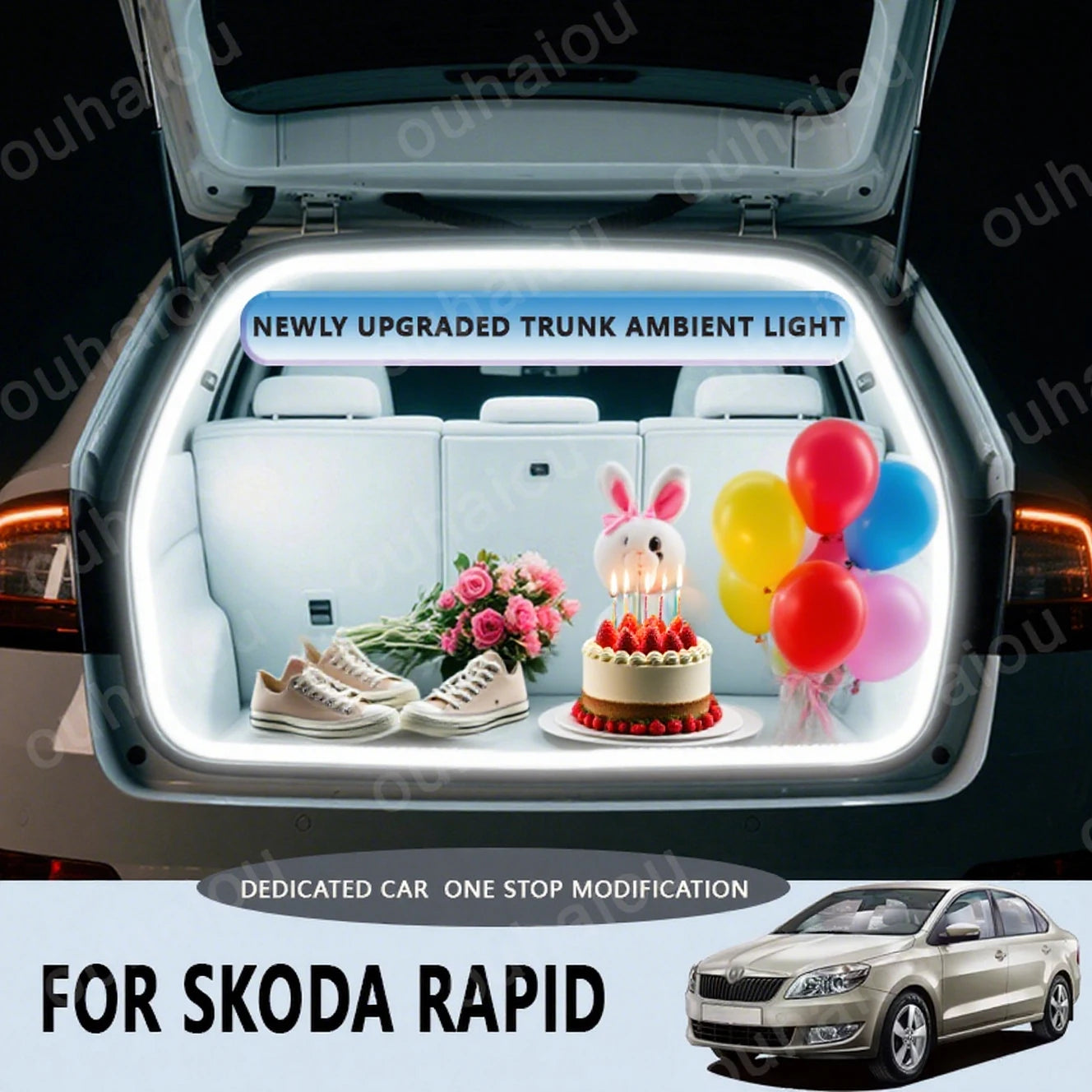 For 2013-2022 SKODA RAPID Rear Trunk LED Light Bar Strips Trunk Interior Decorative Lamp Strip   Luggage Atmosphere Light