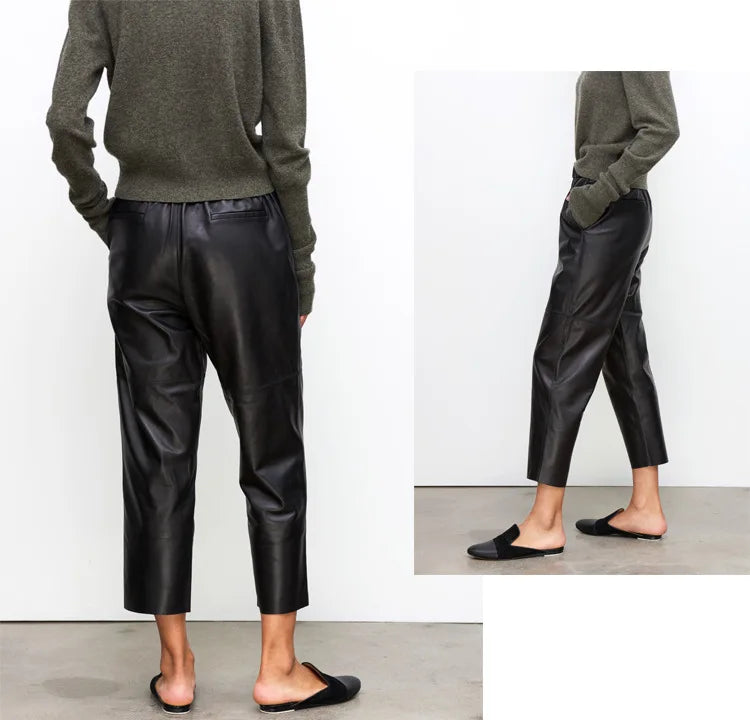 2026 New Streetwear Plus Size Pants Y2k Fashion Genuine Leather Harem Pants Women Real Sheepskin Trousers High Elastic Waist