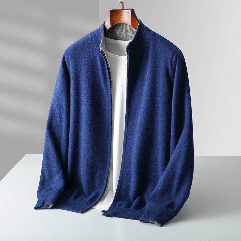 Autumn And Winter New Men's 100% Pure Wool Double-Sided Zipper Cardigan Coat Thickened Knitted Sweater Collar Coat