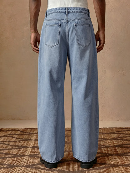 Street Style Men High Waist Straight Pants, Woven Denim Look, Buttoned Pleated, Trendy Italian Fashion, Casual Daily Wear