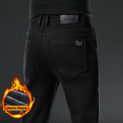 Winter Black Elastic Warm Jeans Men's High Quality Thick Fleece Elastic Slim Straight Denim Pants Korean Fashion Plush Trousers