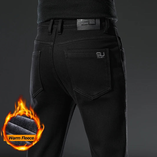 Winter Black Elastic Warm Jeans Men's High Quality Thick Fleece Elastic Slim Straight Denim Pants Korean Fashion Plush Trousers