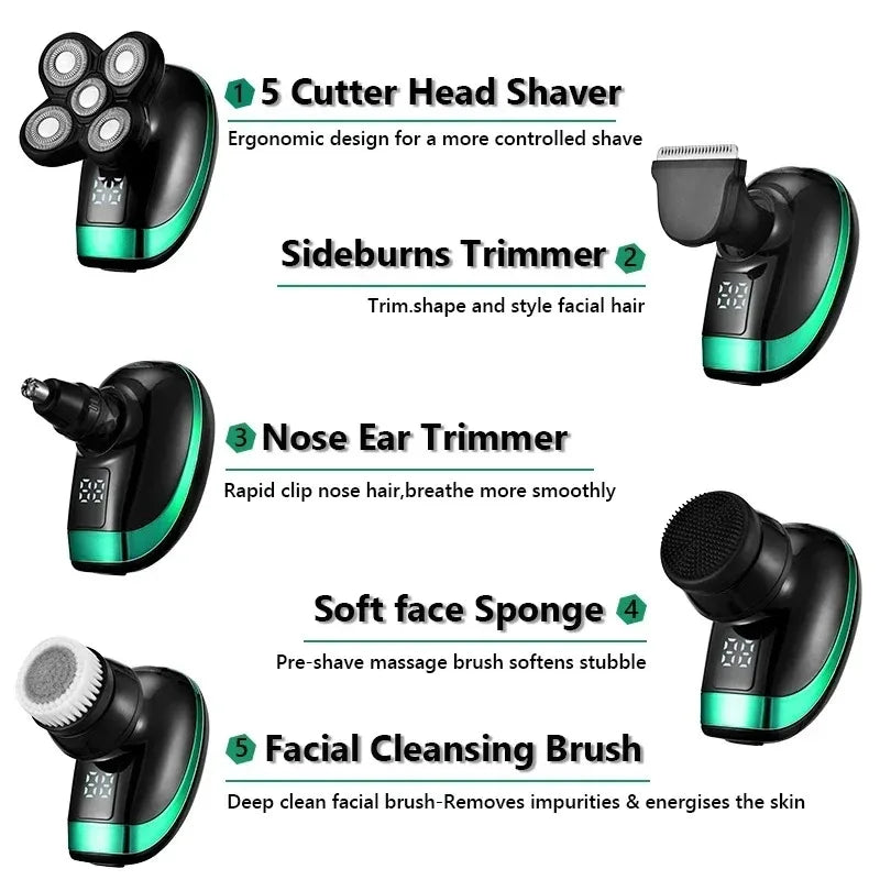 Tinsol 5 in 1 Men's Rechargeable Electric Shaver 5 Floating Head Beard, Nose and Whisker Trimmers 4D Skinhead Shaver Groomer