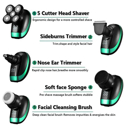 Tinsol 5 in 1 Men's Rechargeable Electric Shaver 5 Floating Head Beard, Nose and Whisker Trimmers 4D Skinhead Shaver Groomer