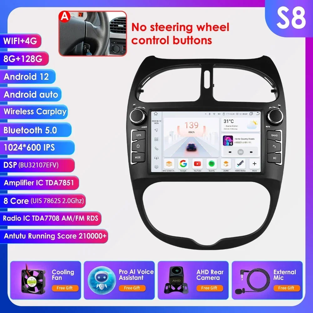 Android 14 Car radio for PEUGEOT 206 206CC 206SW 2000-2005 2006 2007 2008 Multimedia player GPS navi Video 7862 2din Autoradio