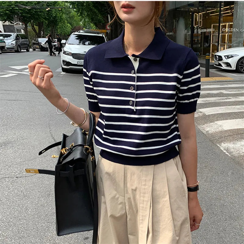 Women's POLO T-shirt Summer New Wool Knitted Short Sleeve Casual Striped Blouse Ladies' Clothes Lapel Pullover Tees Loose Tops