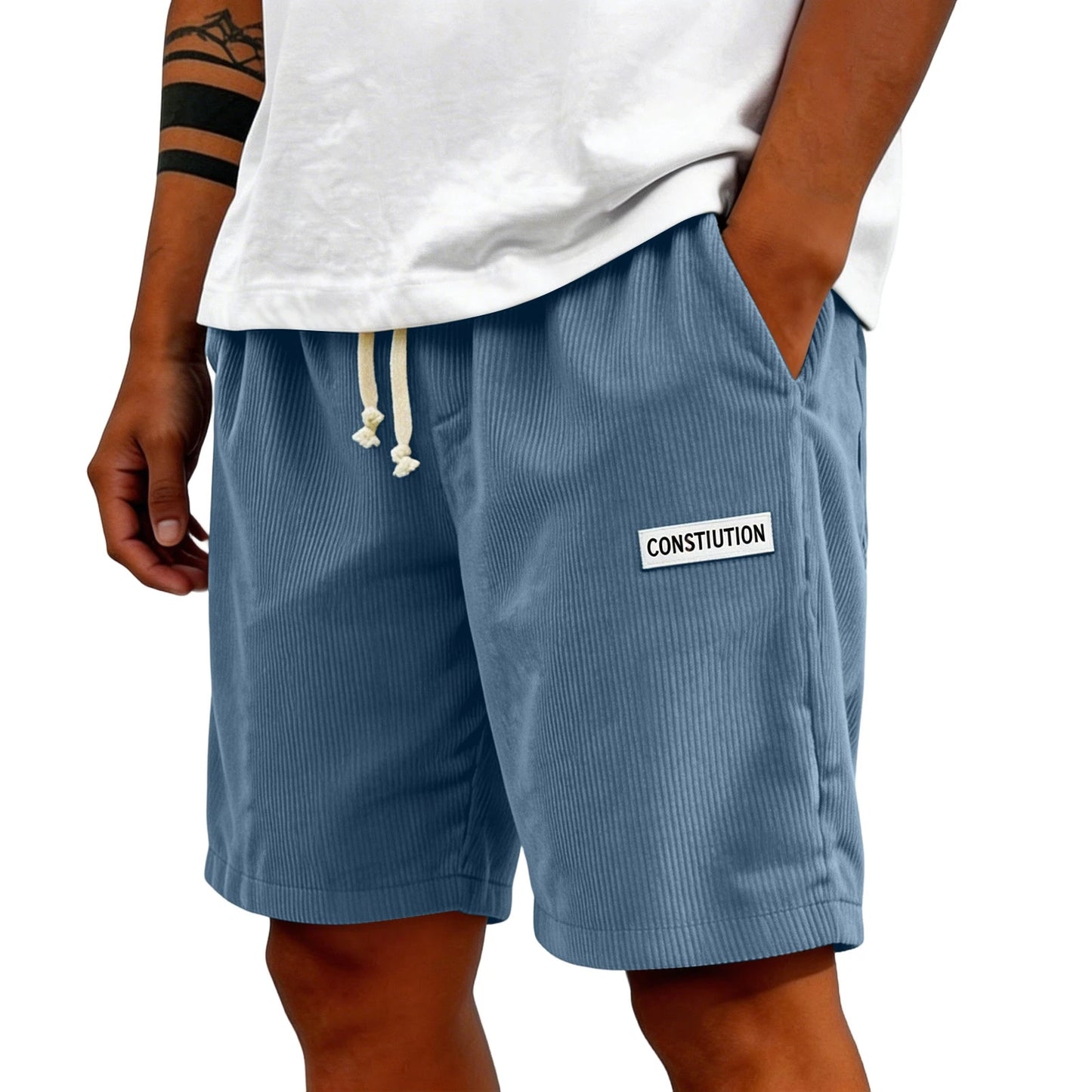 Men's Corduroy Casual Shorts Drawstring Elastic Waist Loose Fit Five-Point Shorts With Pockets Labelled Men's Bottoms Sporty
