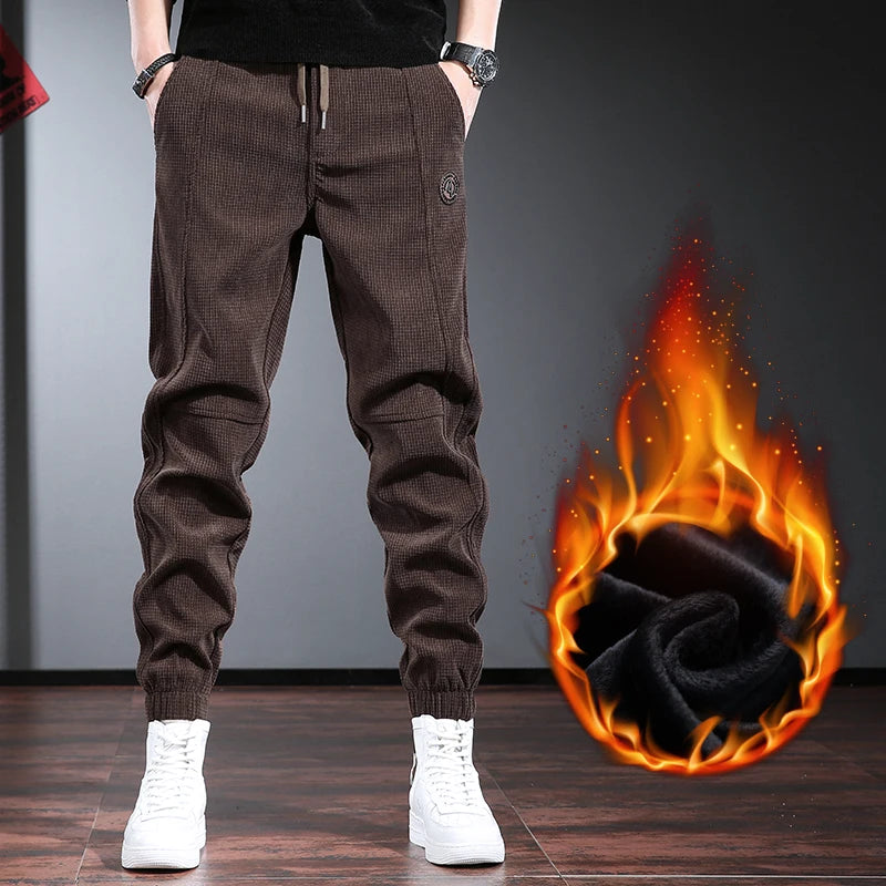 Men's Fleece Lined Thickened Autumn Winter Sports Casual Pants Cuffed Loose Fit Long Trousers Youth Active Style Fashionable