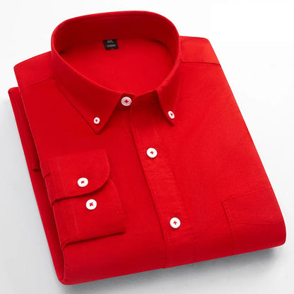 Classic Fit Fashion 100% Cotton Long-Sleeve Shirt for Men Single Pocket Slim Fit Casual Top Soft Oxford Solid Color Office Cloth