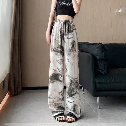 Summer Casual Loose Wide Leg Pants Women's Tie Dye Ink Ice Silk Loose Leopard Print Ethnic Style Long Pants Casual Trousers