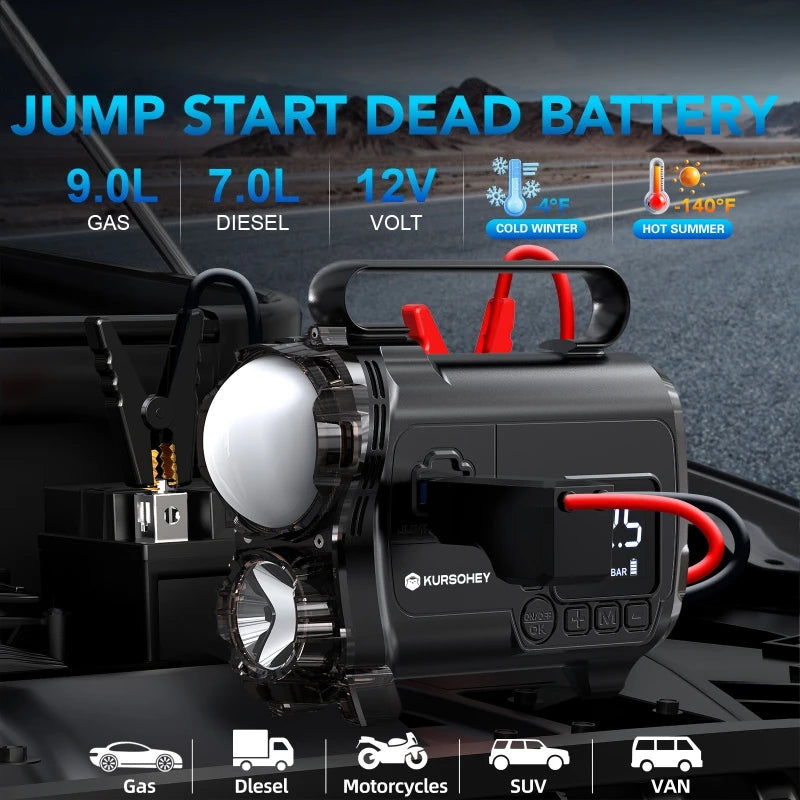 12V Car Jump Starter Power Bank With 150PSI Air Compressor  Portable Electric Car Battery Emergency Boosters Starting