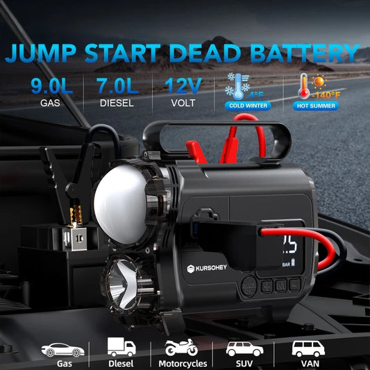12V Car Jump Starter Power Bank With 150PSI Air Compressor  Portable Electric Car Battery Emergency Boosters Starting