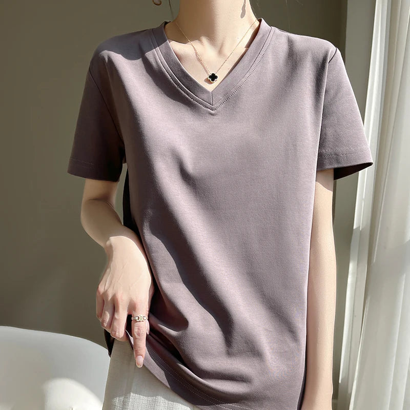 2026 Summer New Pure Cotton V-neck Short-sleeved T-shirt Women's Solid Color Joker Pullover Shirt with Loose Sleeve Bottom Shirt