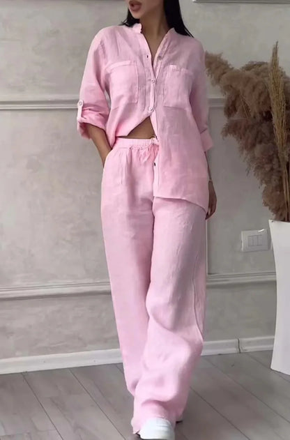 Women's  Color Long Sleeve Shirt And Wide Leg Pants Two-Piece Set Button-Up Tie Waist Long Pants Fashionable Ensemble
