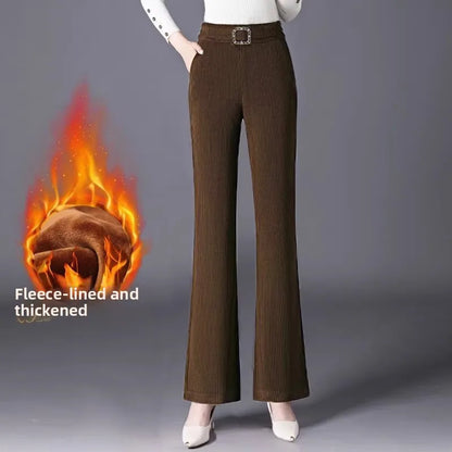plus Size Flared Pants for Women Autumn Winter Fce Lined Casual High Waist Nine Points ket Pants for Middle-Aged Mothers