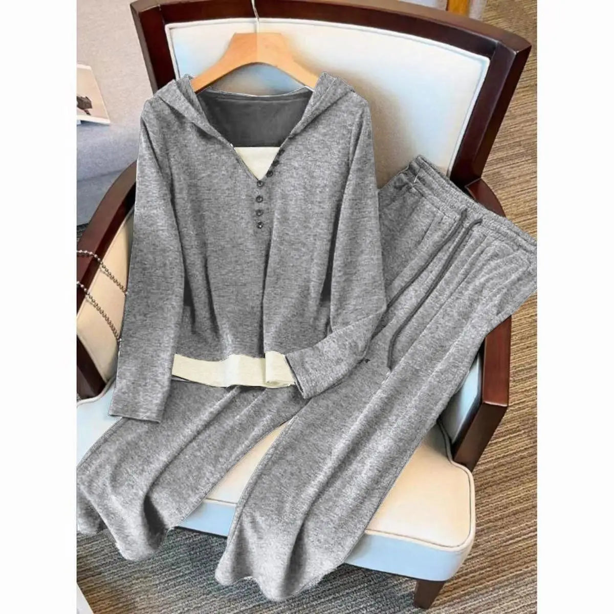 Black Soft Plush 2025 New Style Hooded Patchwork Casual Sporty Spring Autumn Leisure Cotton Pants Set Fashionable Trousers