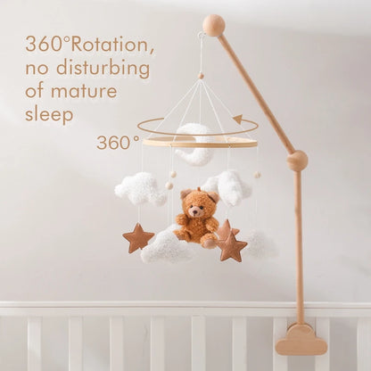 Wooden Crib Mobile Baby Bed Bell Rattle Toy Soft Felt Cartoon Bear Mobile Bracket Newborn Music Box Bed Bell Hanging Bracket Toy