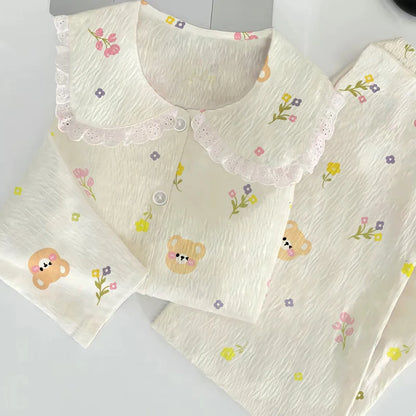Cloud Cotton Sleepwear Set for Women Casual Spring Autumn Long Sleeve Long Pants Home Clothes  Plant Floral Print
