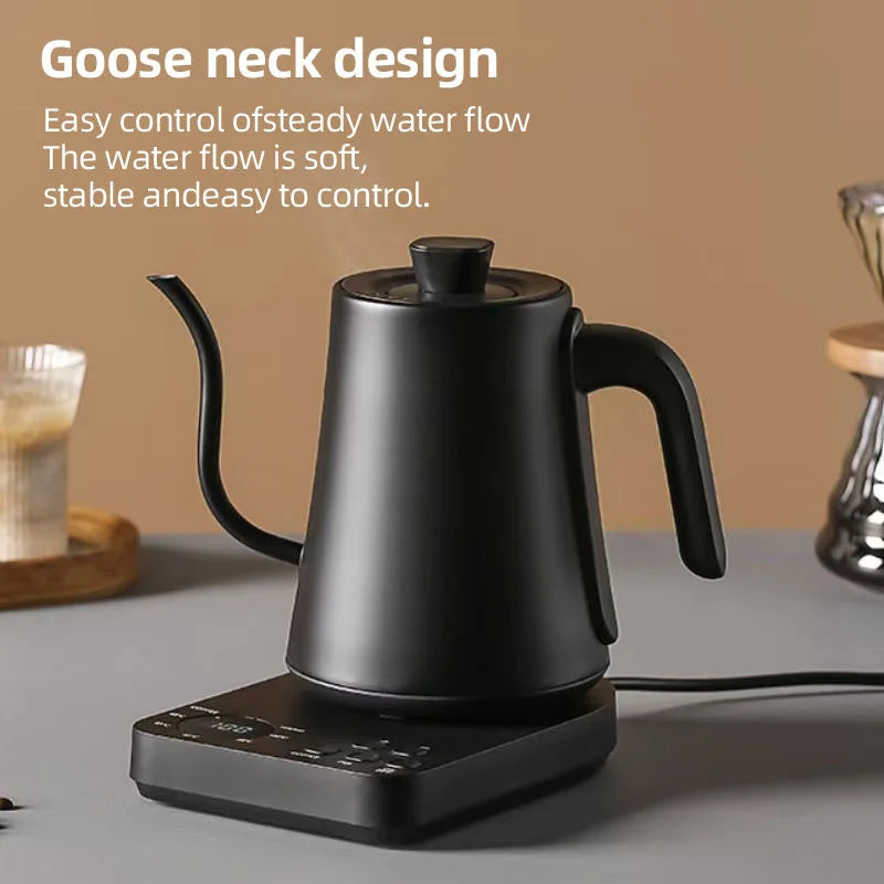 1000ml gooseneck electric coffee maker, stainless steel, with thermostat control, suitable for home use.
