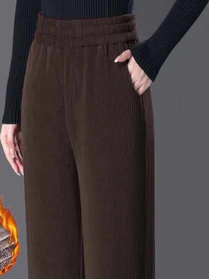 Women's Fleece Lined Corduroy Wide Leg Pants High Waist Warm Straight Cut Casual Trousers Autumn Winter New Mom Comfortable