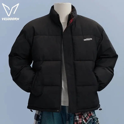 Veidoorn Unisex Short Parka Coat with Stand Collar Warm Thermal Puffer Jacket for Winter Puffy Outdoor Streetwear
