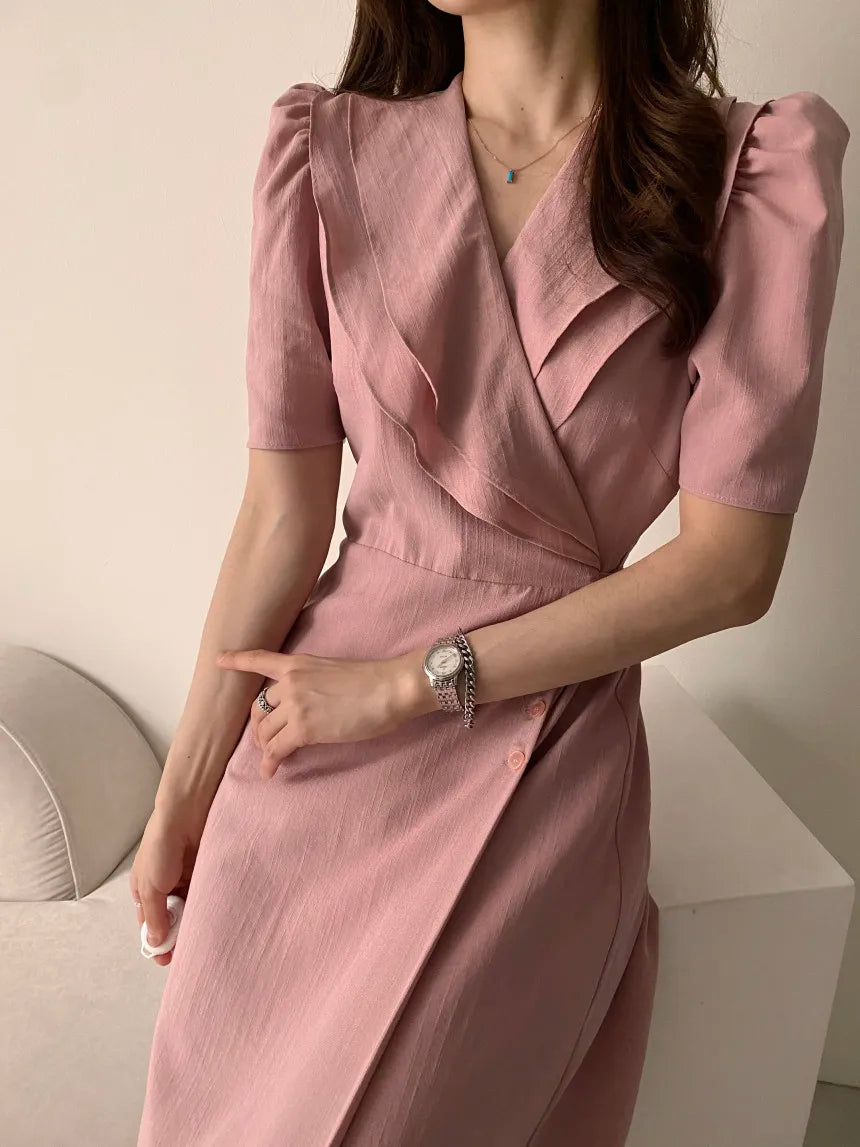 Retro Double Layered Collar Bubble Sleeve  Dress Elegant Short Sleeve V Neck Summer Casual Women's Dress
