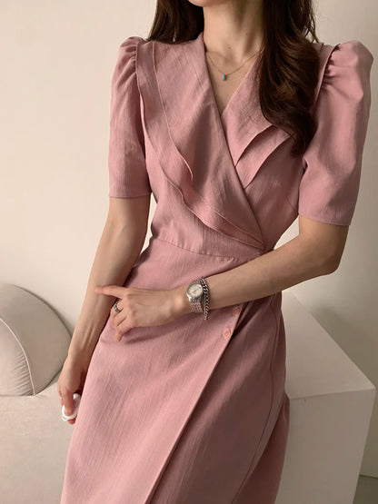 Retro Double Layered Collar Bubble Sleeve  Dress Elegant Short Sleeve V Neck Summer Casual Women's Dress