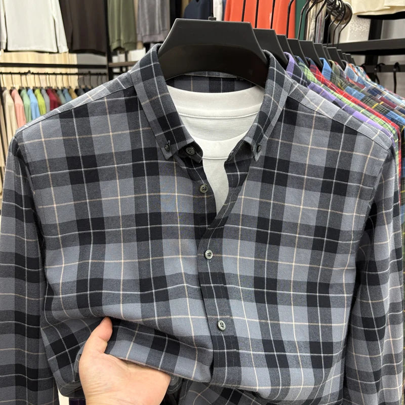 American-style Plaid Long-sleeve Shirt for Men, Pure Cotton Casual Trendy Brand Embroidered Red Shirt Top for Spring and Autumn