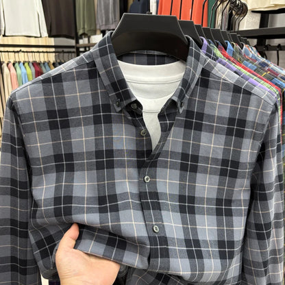 American-style Plaid Long-sleeve Shirt for Men, Pure Cotton Casual Trendy Brand Embroidered Red Shirt Top for Spring and Autumn