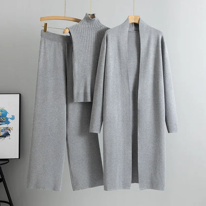 2025 Autumn Winter Women Long Cardigan 3 Piece Set Knit Pants High Neck Vest Wide Leg Trousers Outfit